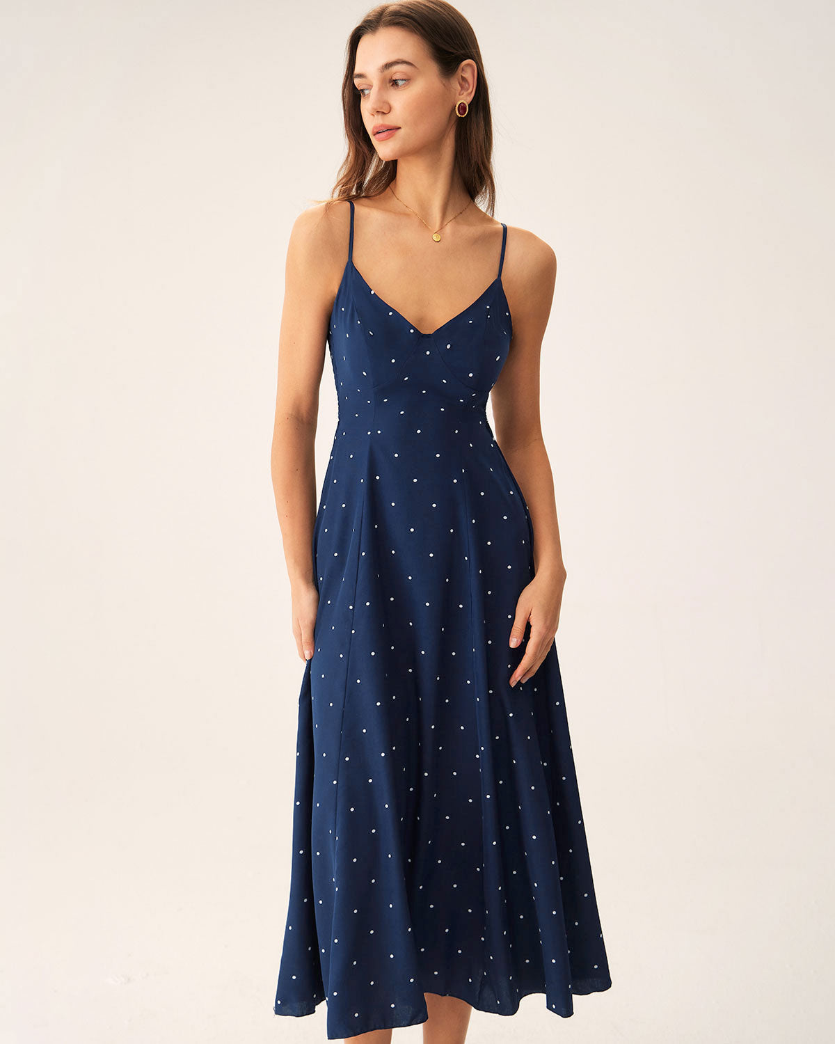 Geovari | Navy Polka-Dot Shirred Midi Slip Dress