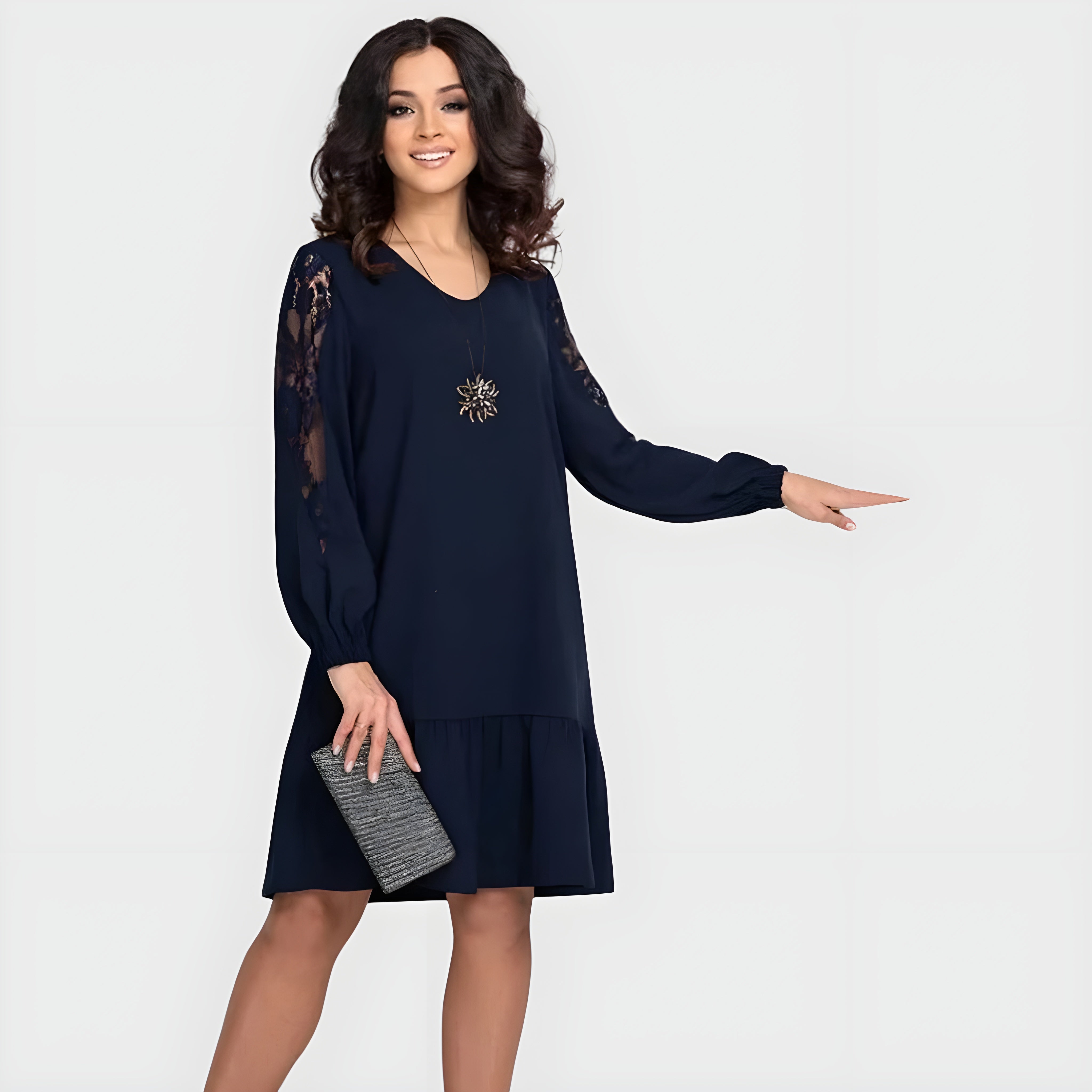 Geovari | Lace-Sleeved Midi Dress