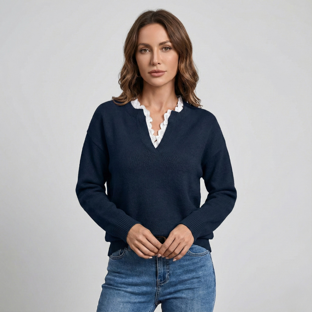 Geovari | Lace-Trim V-Neck Jumper