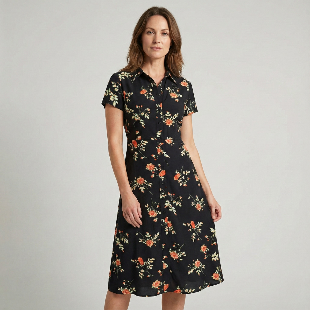 Geovari | Black Floral Button-Through A-Line Midi Dress