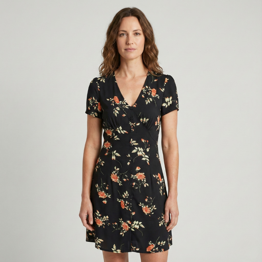 Geovari | Black V-Neck Floral Button-Through Mini Dress