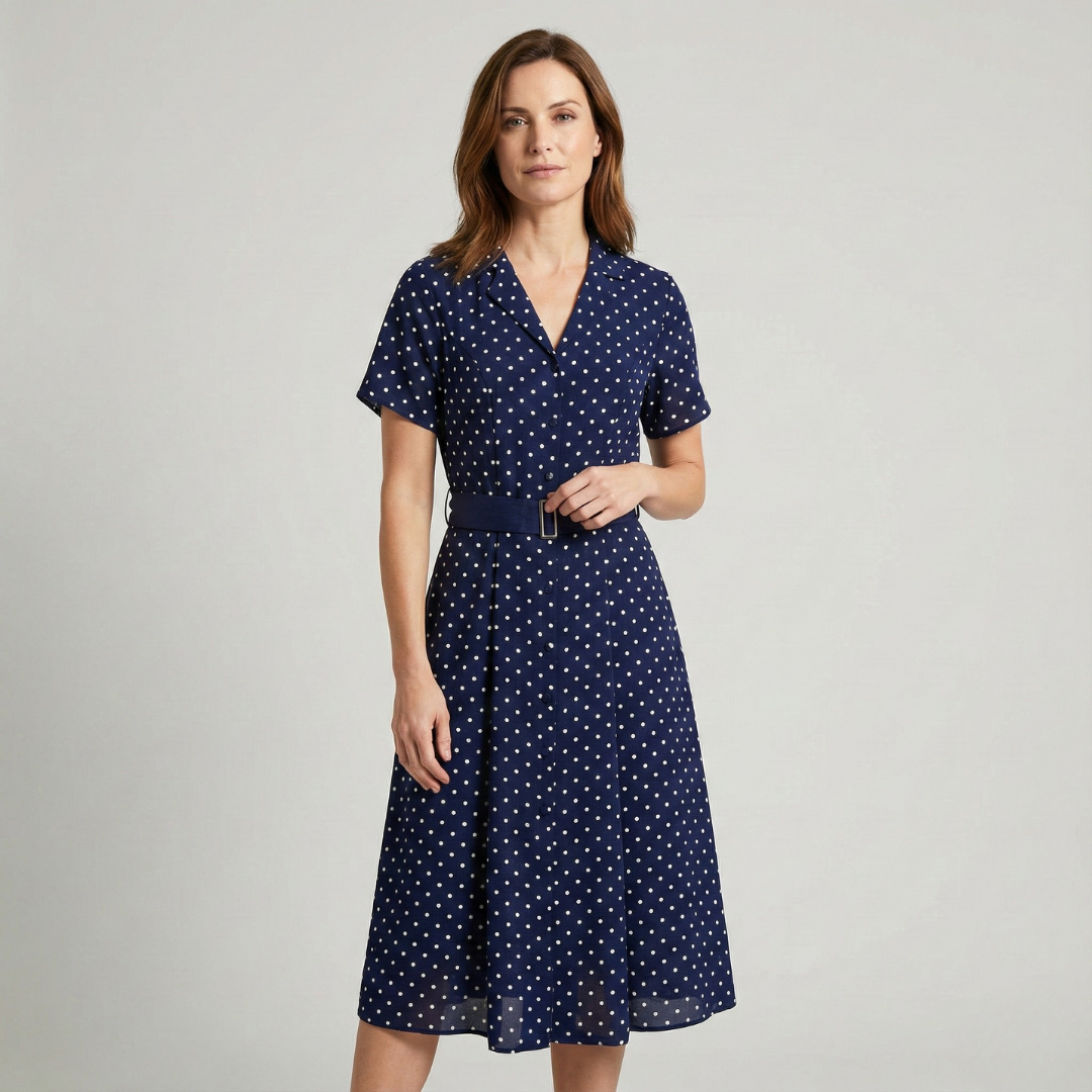 Geovari | Blue Polka-Dot Belted Midi Dress