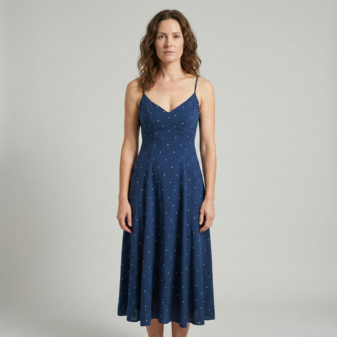Geovari | Navy Polka-Dot Shirred Midi Slip Dress