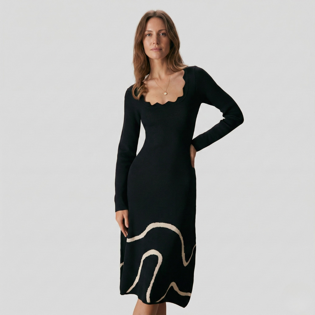 Geovari | Black Wave Scallop-Trimmed Knitted Midi Dress