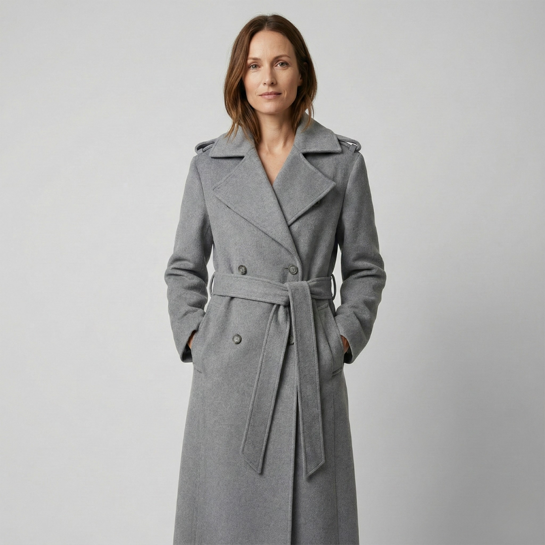 Geovari | Long Wool Trench Coat - Grey Marl