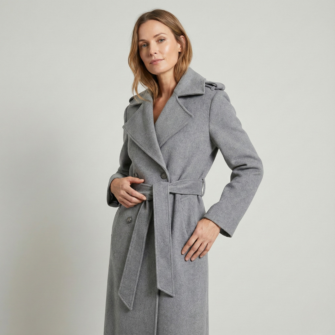 Geovari | Long Wool Trench Coat - Grey Marl