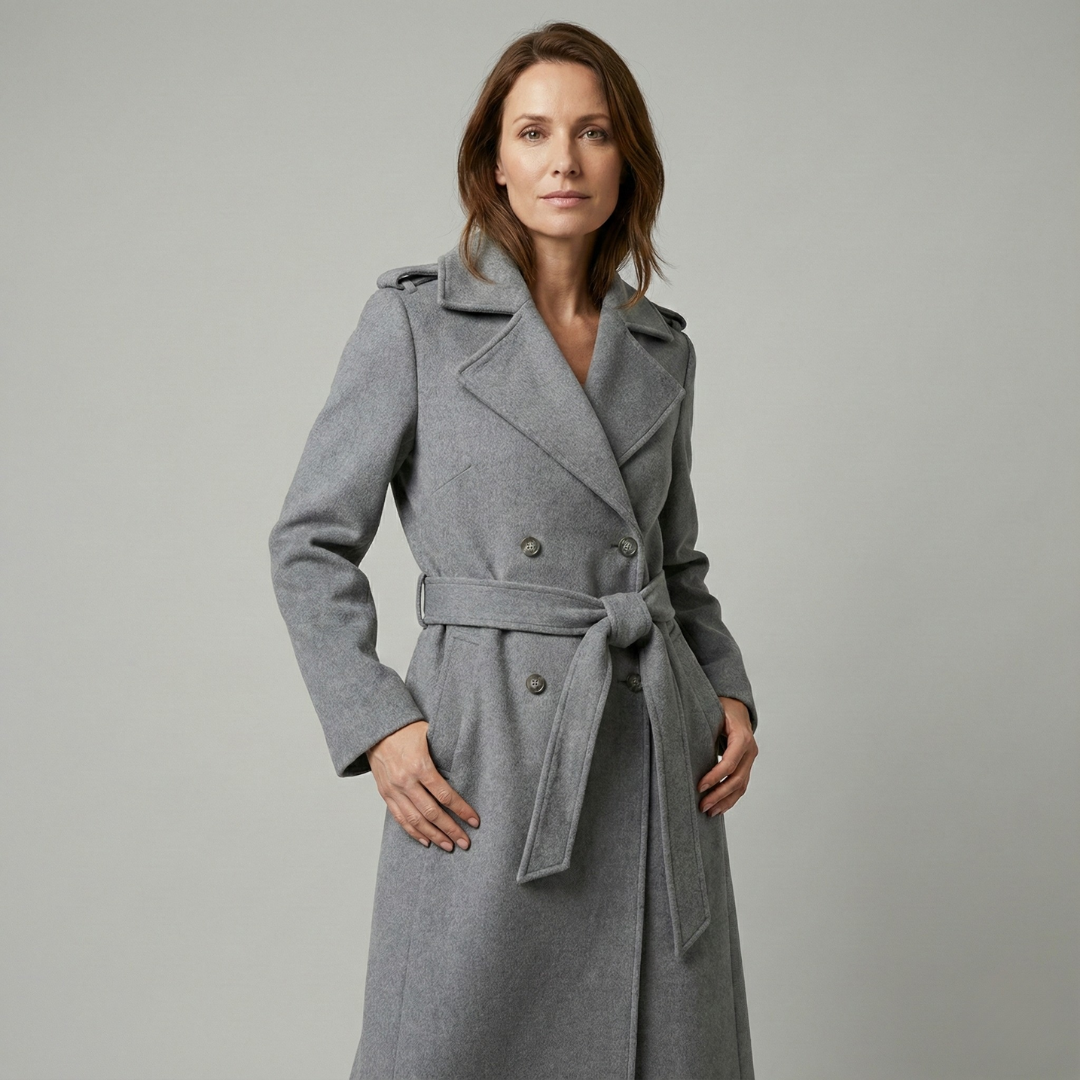 Geovari | Long Wool Trench Coat - Grey Marl