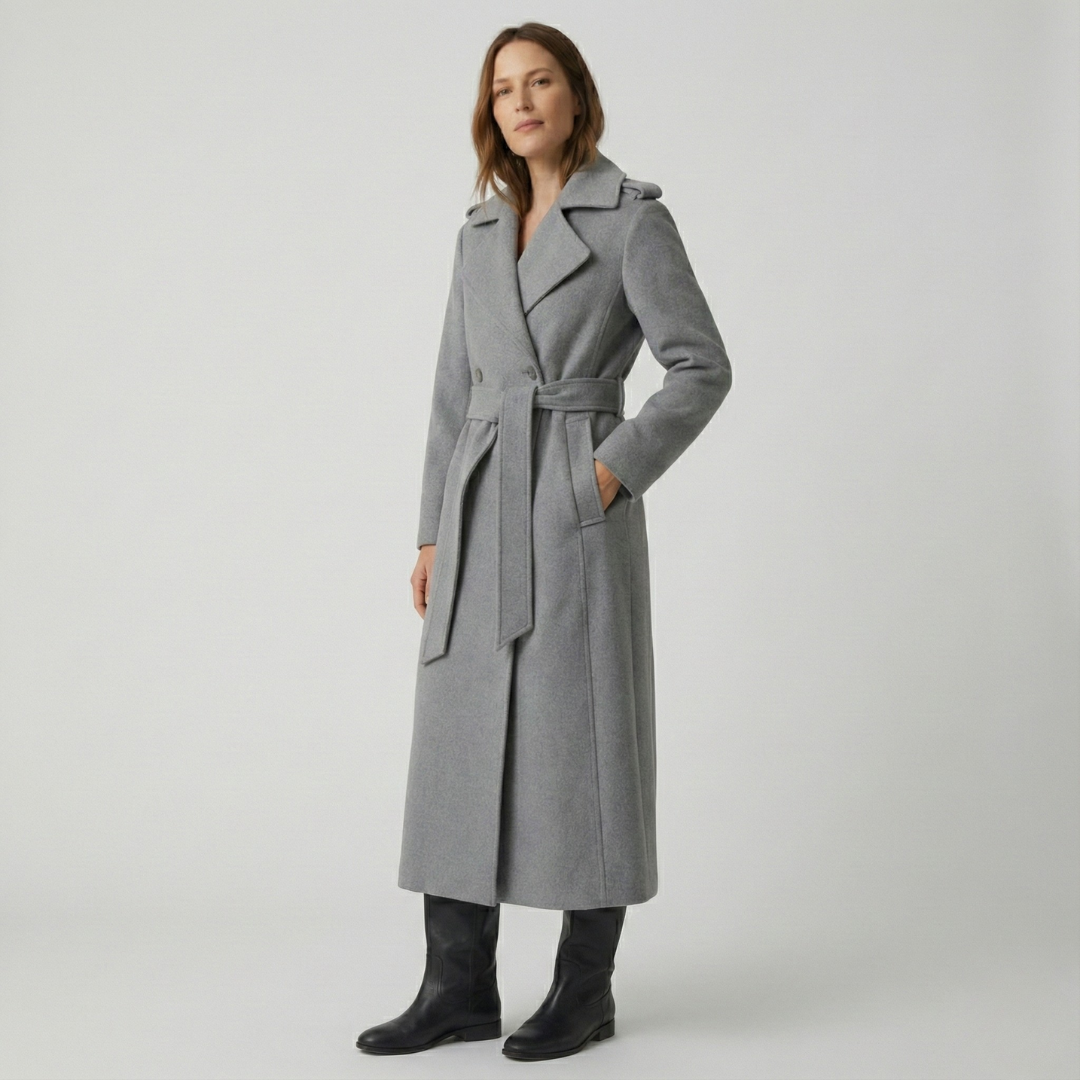 Geovari | Long Wool Trench Coat - Grey Marl