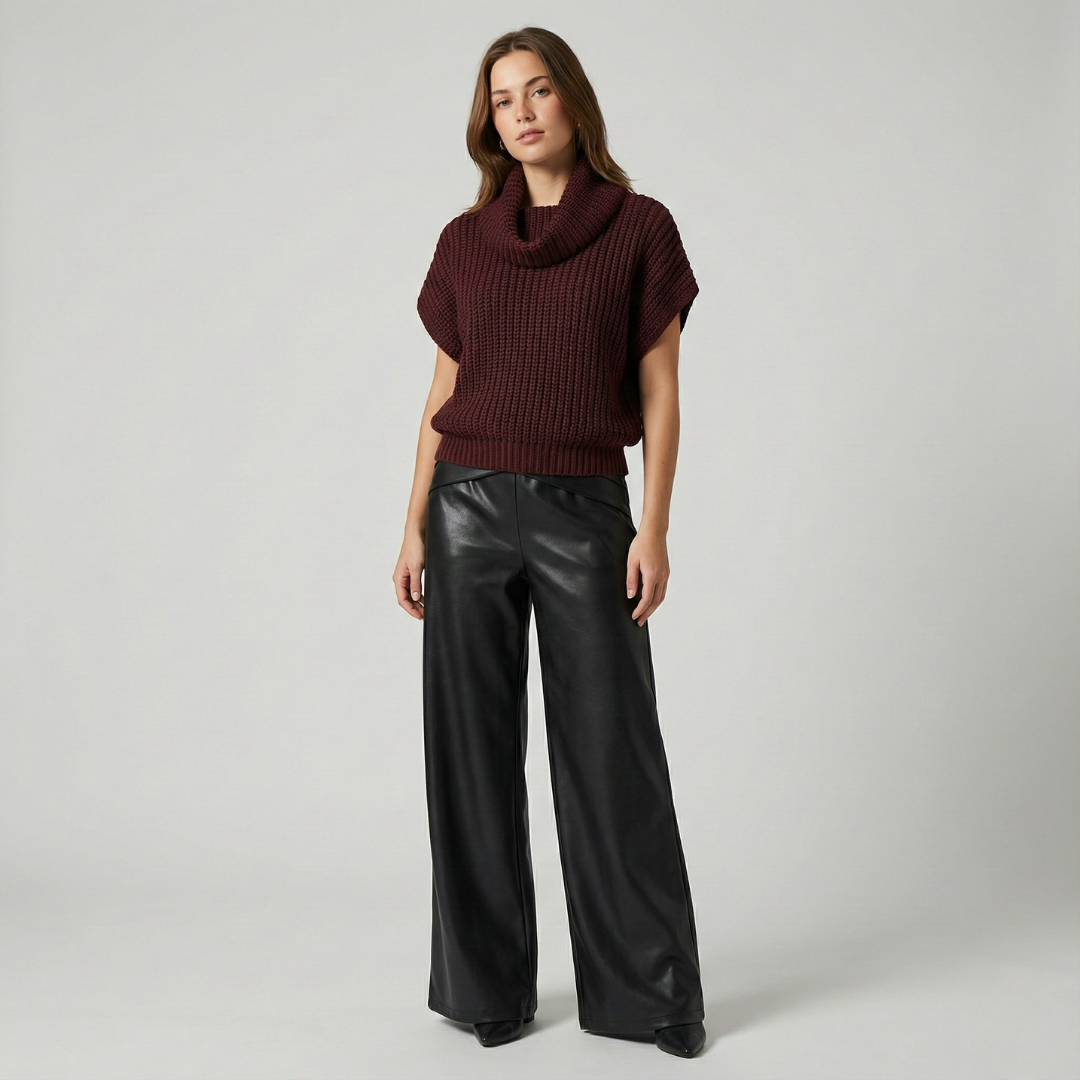 Geovari | Crossover Waistband PU Leather Wide-Leg Trousers