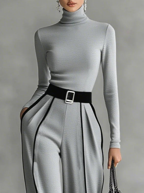 Geovari | Refined High-Neck Top and Wide-Leg Trousers Set