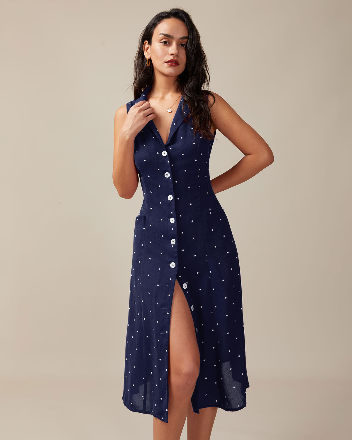 Geovari | Navy Polka Dot V-Neck Tie-Back Midi Dress