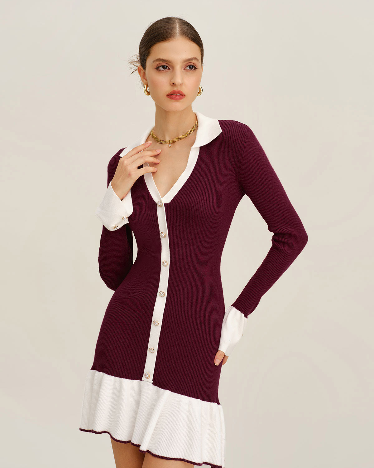 Geovari | Wine-Red Contrast Jumper Dress