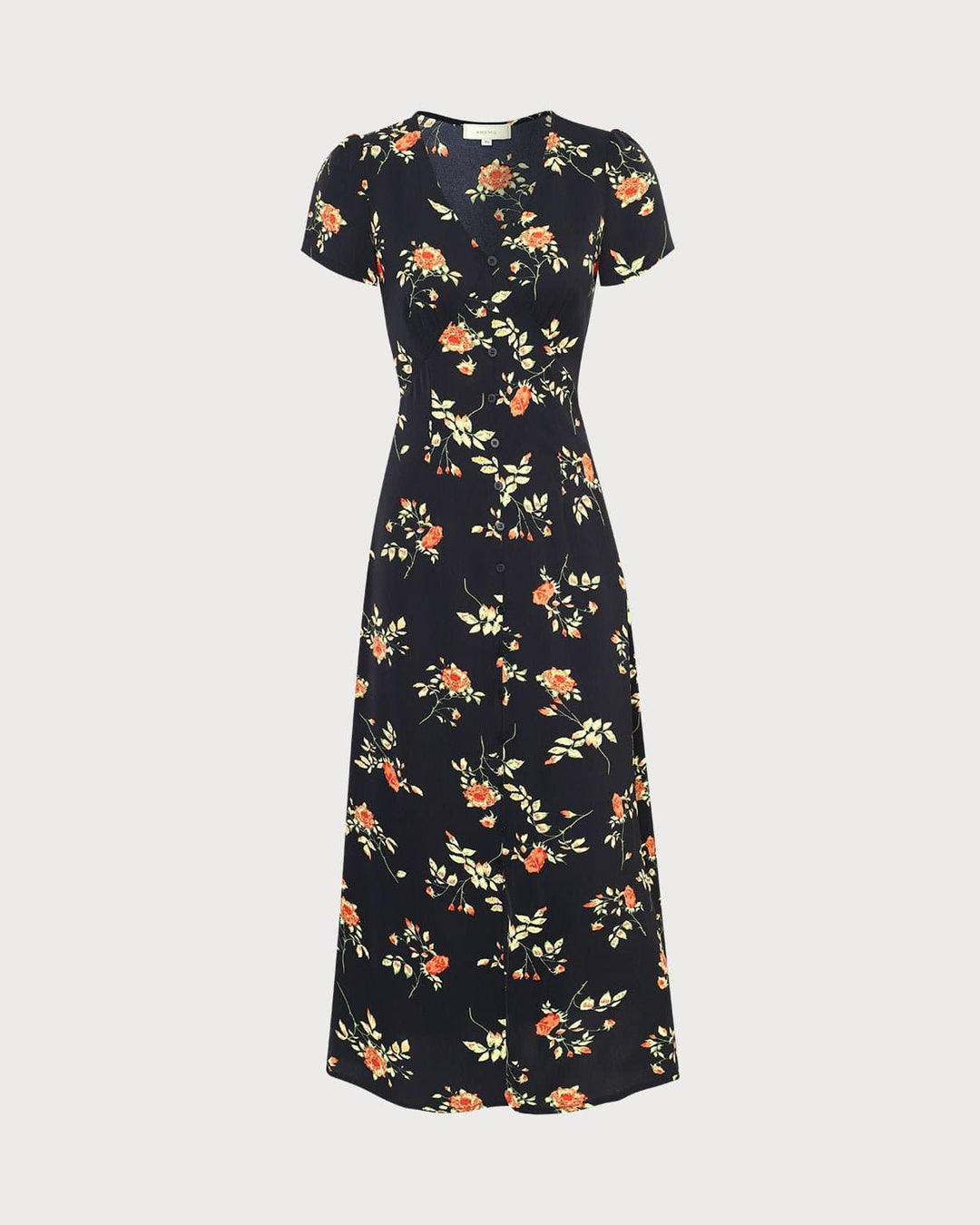 Geovari | Black V-Neck Floral Short-Sleeved Maxi Dress
