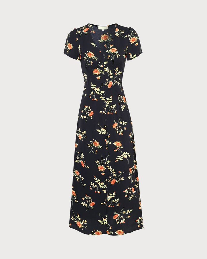Geovari | Black V-Neck Floral Short-Sleeved Maxi Dress