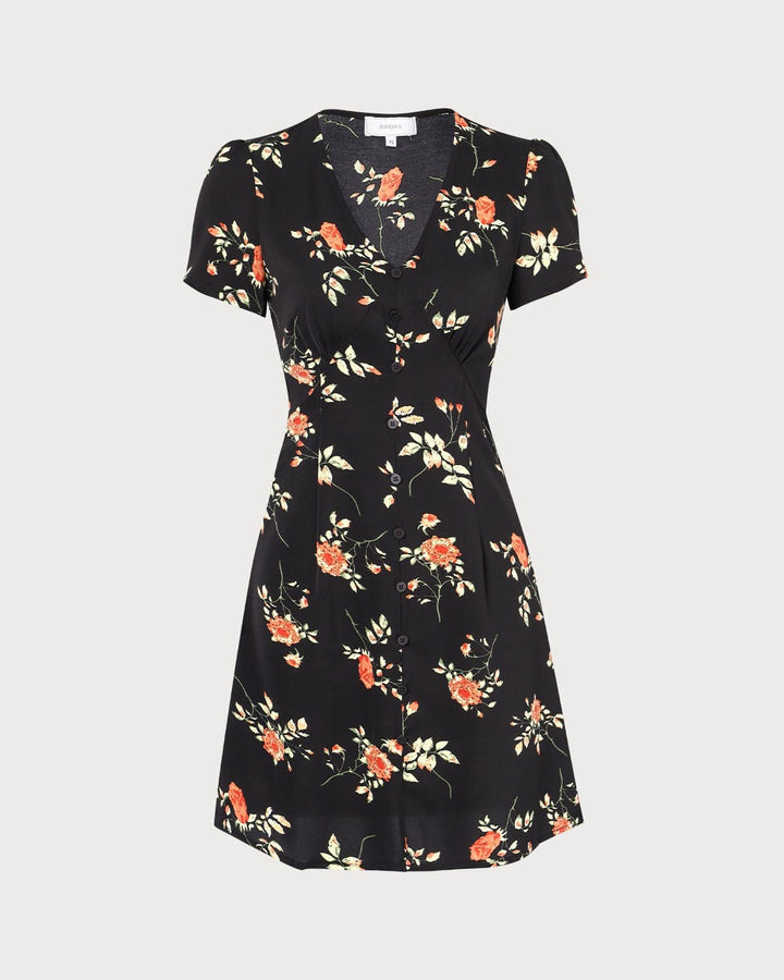 Geovari | Black V-Neck Floral Button-Through Mini Dress