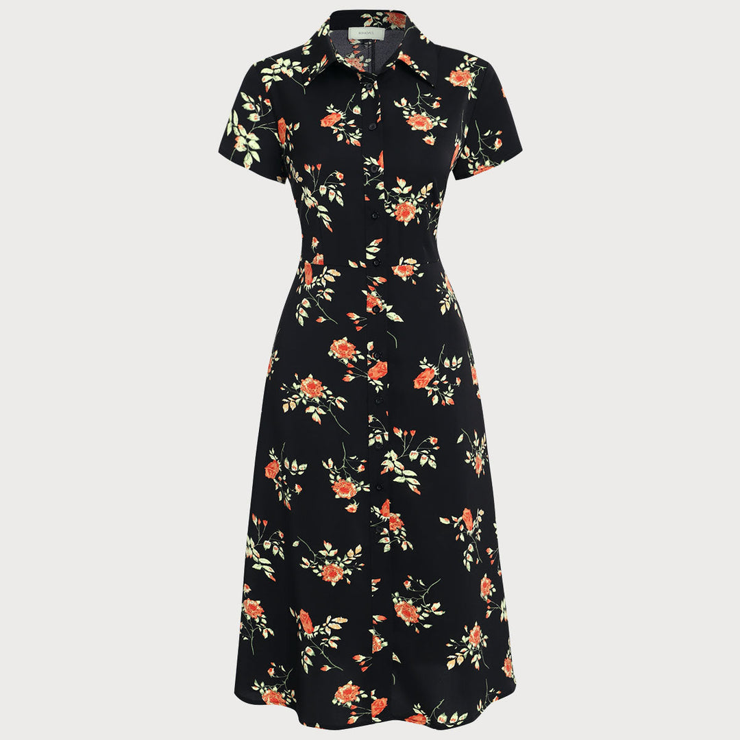 Geovari | Black Floral Button-Through A-Line Midi Dress