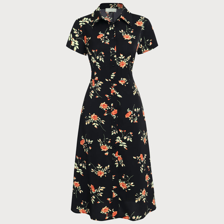 Geovari | Black Floral Button-Through A-Line Midi Dress