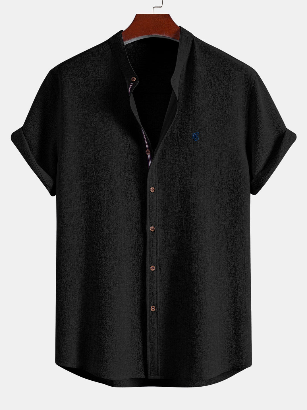 Geovari | Short-Sleeve Seersucker Stand-Collar Shirt & Crinkle-Textured Straight-Leg Trousers