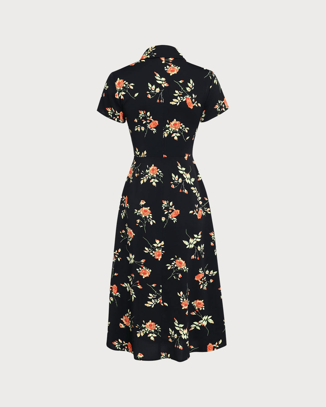 Geovari | Black Floral Button-Through A-Line Midi Dress