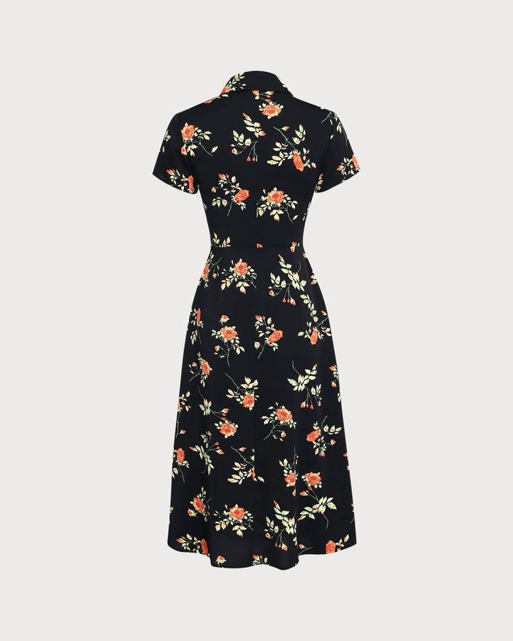 Geovari | Black Floral Button-Through A-Line Midi Dress