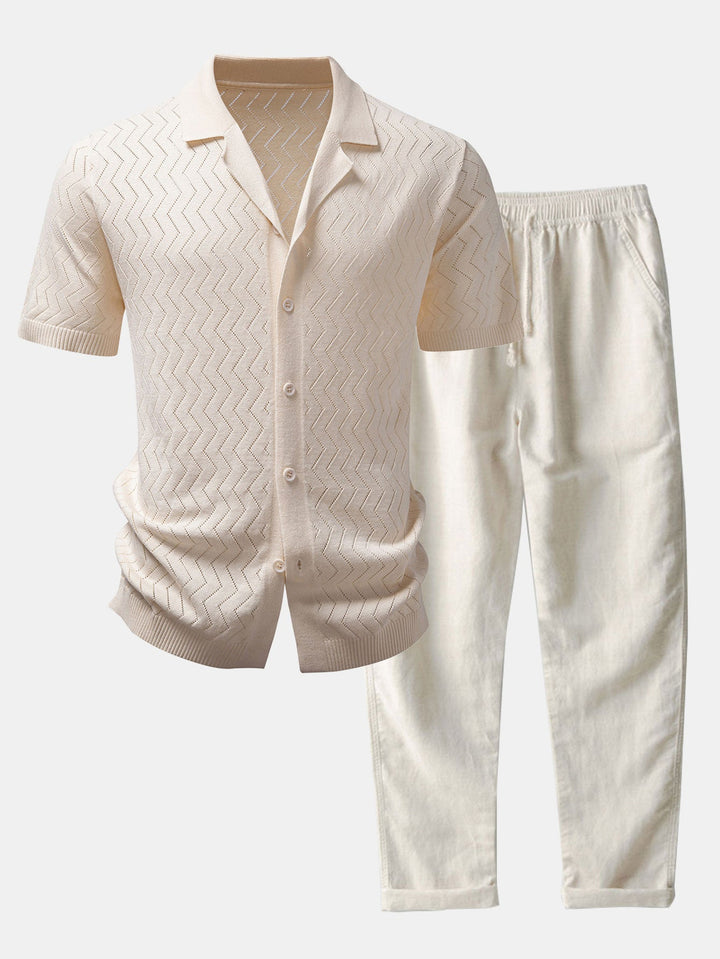 Geovari | Zig Zag Open-Knit Shirt & Straight-Leg Linen Trousers