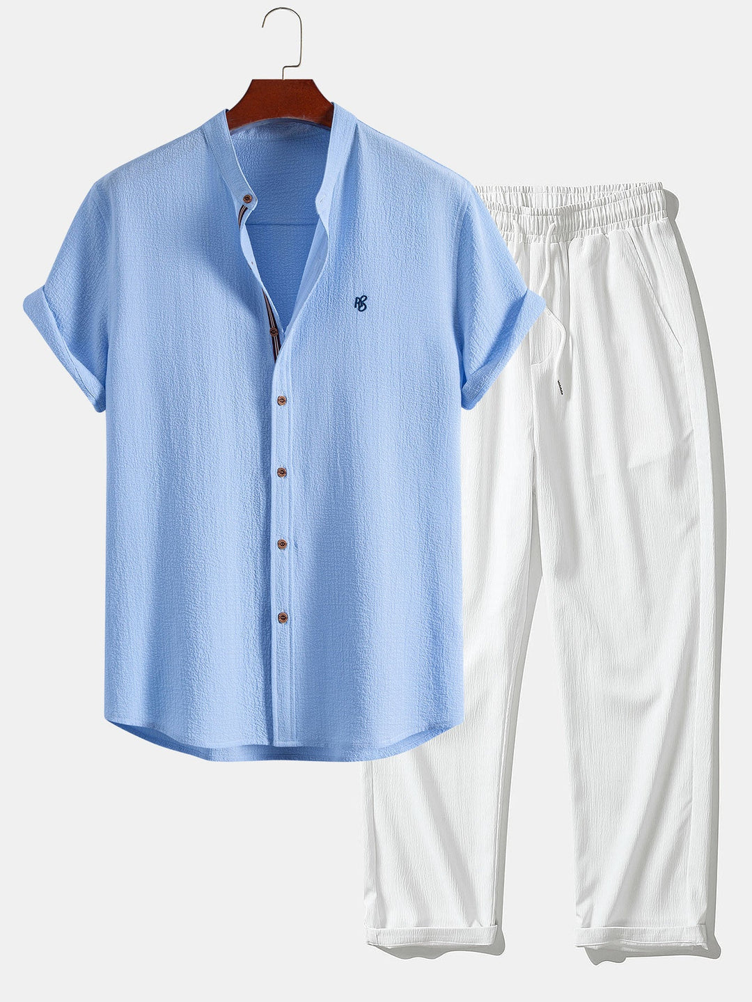 Geovari | Short-Sleeve Seersucker Stand-Collar Shirt & Crinkle-Textured Straight-Leg Trousers