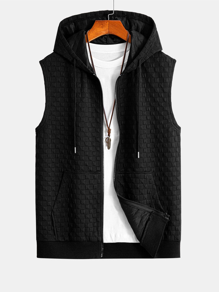 Geovari | Checkerboard Sleeveless Zip-Up Hoodie and Jacquard Jogger Trousers
