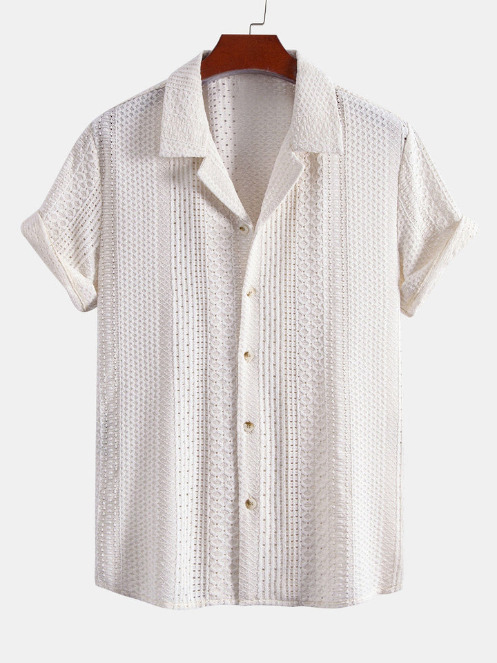 Geovari | Geometric Jacquard Cuban Collar Shirt and Linen Trousers