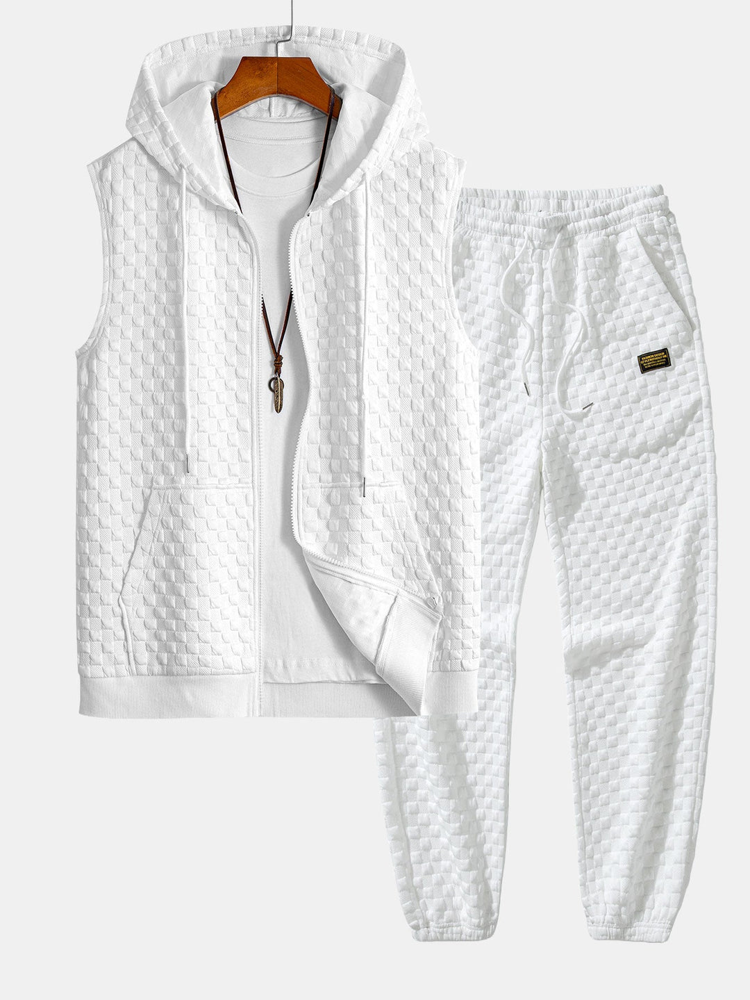 Geovari | Checkerboard Sleeveless Zip-Up Hoodie and Jacquard Jogger Trousers