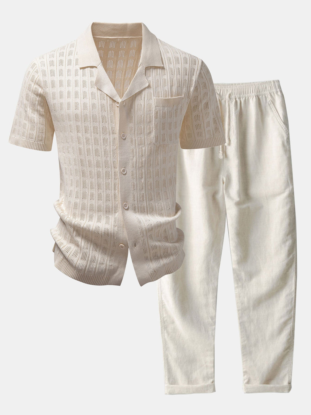 Geovari | Plaid Open-Knit Shirt & Straight-Leg Linen Trousers