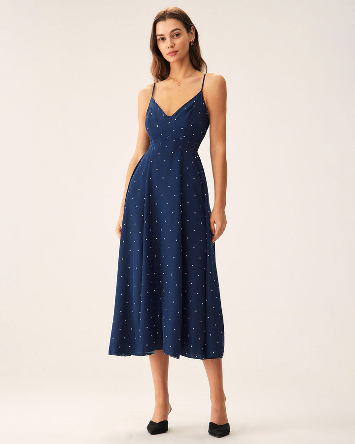 Geovari | Navy Polka-Dot Shirred Midi Slip Dress