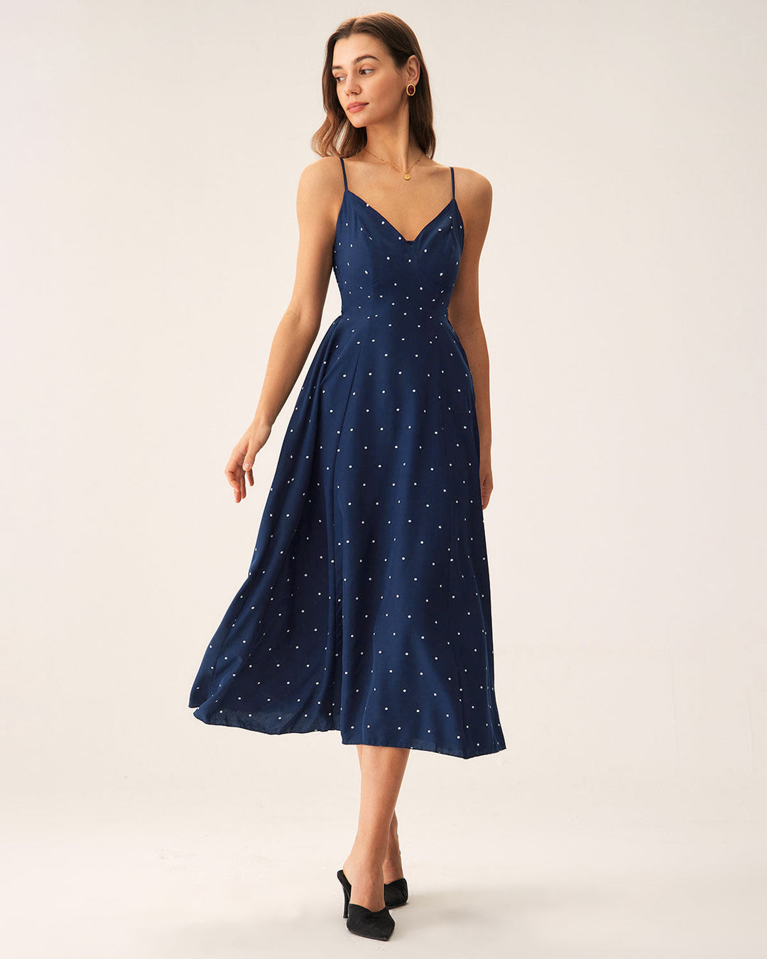 Geovari | Navy Polka-Dot Shirred Midi Slip Dress