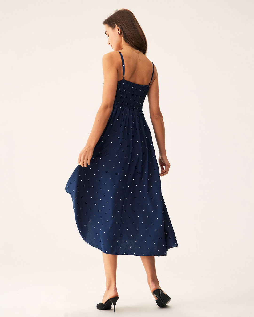 Geovari | Navy Polka-Dot Shirred Midi Slip Dress