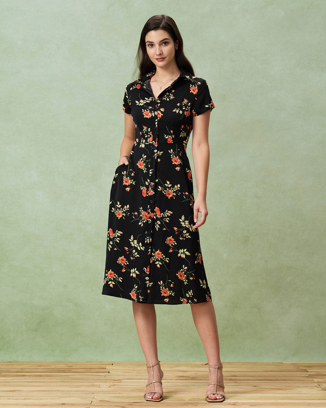 Geovari | Black Floral Button-Through A-Line Midi Dress