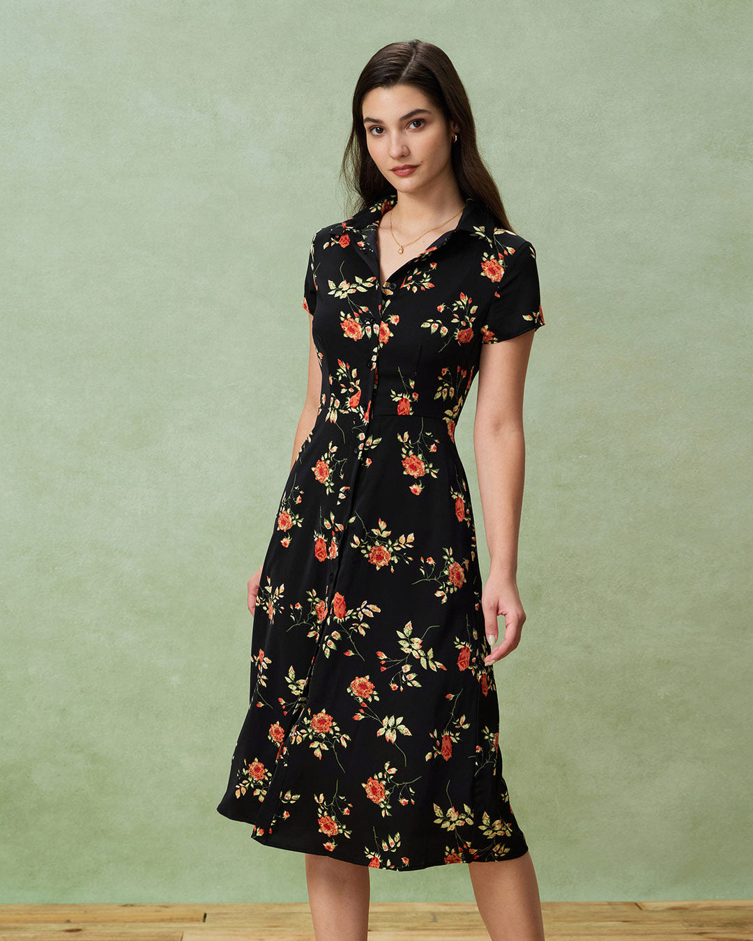 Geovari | Black Floral Button-Through A-Line Midi Dress
