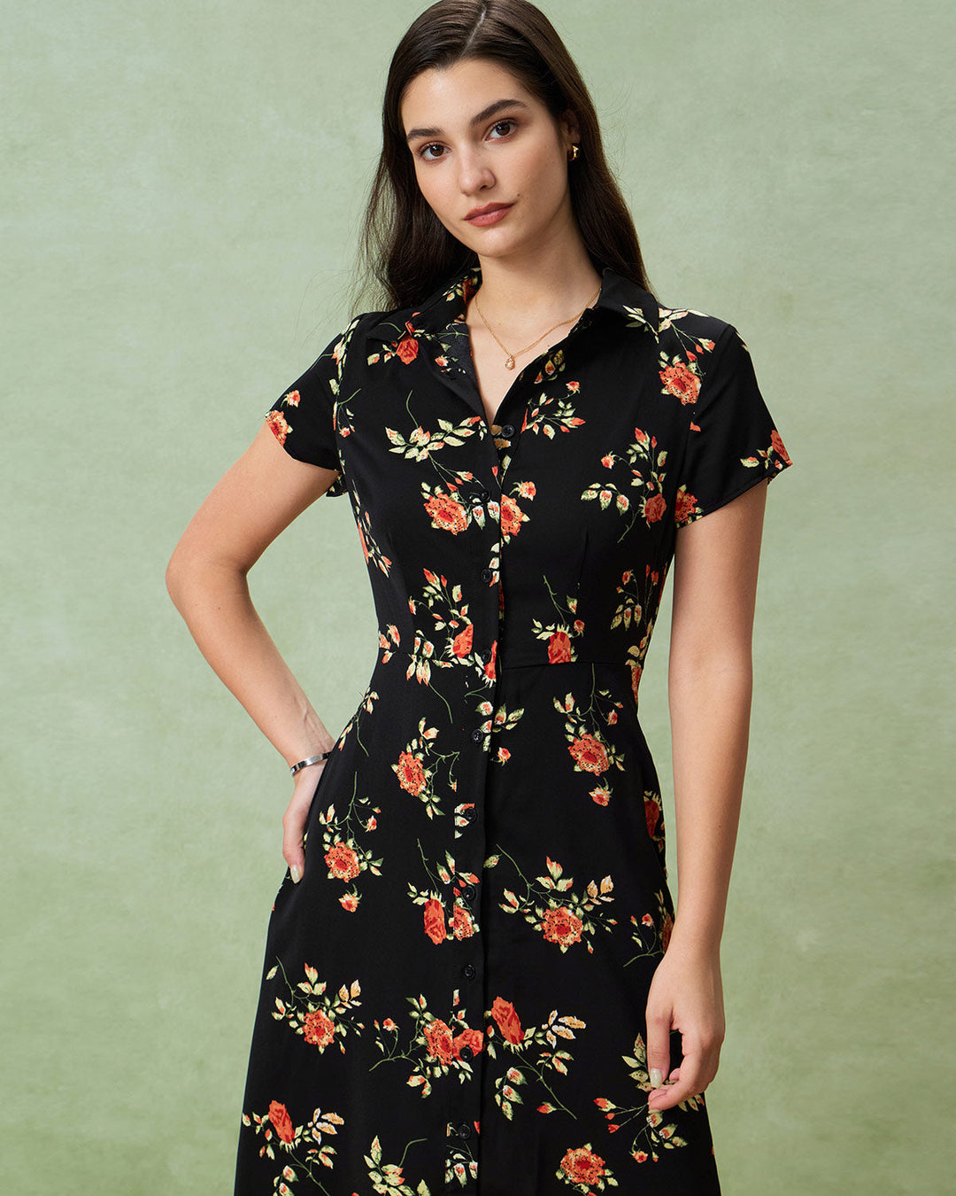 Geovari | Black Floral Button-Through A-Line Midi Dress
