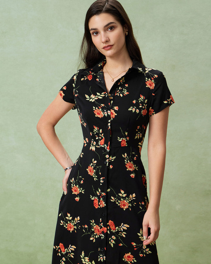 Geovari | Black Floral Button-Through A-Line Midi Dress
