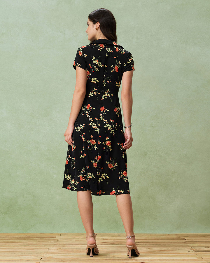 Geovari | Black Floral Button-Through A-Line Midi Dress