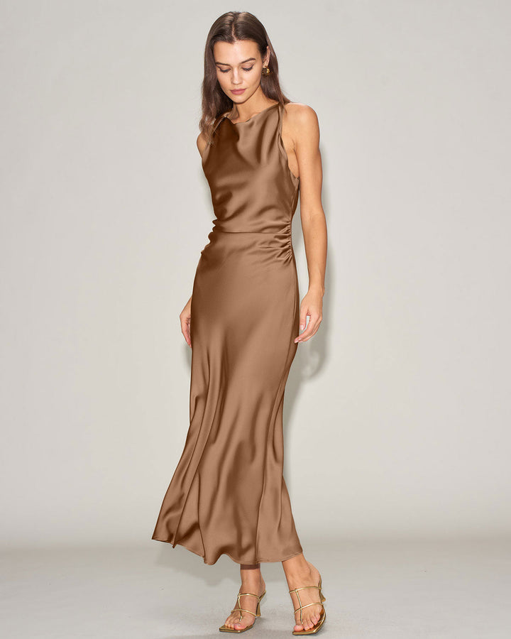 Geovari | Satin Boat-Neck Slip Midi Dress in Coffee