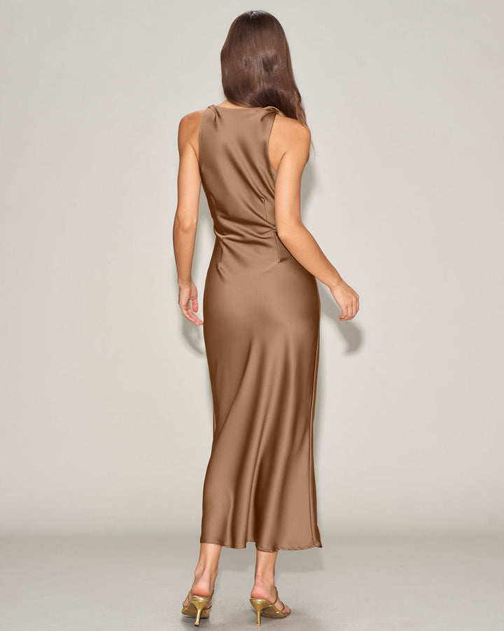 Geovari | Satin Boat-Neck Slip Midi Dress in Coffee