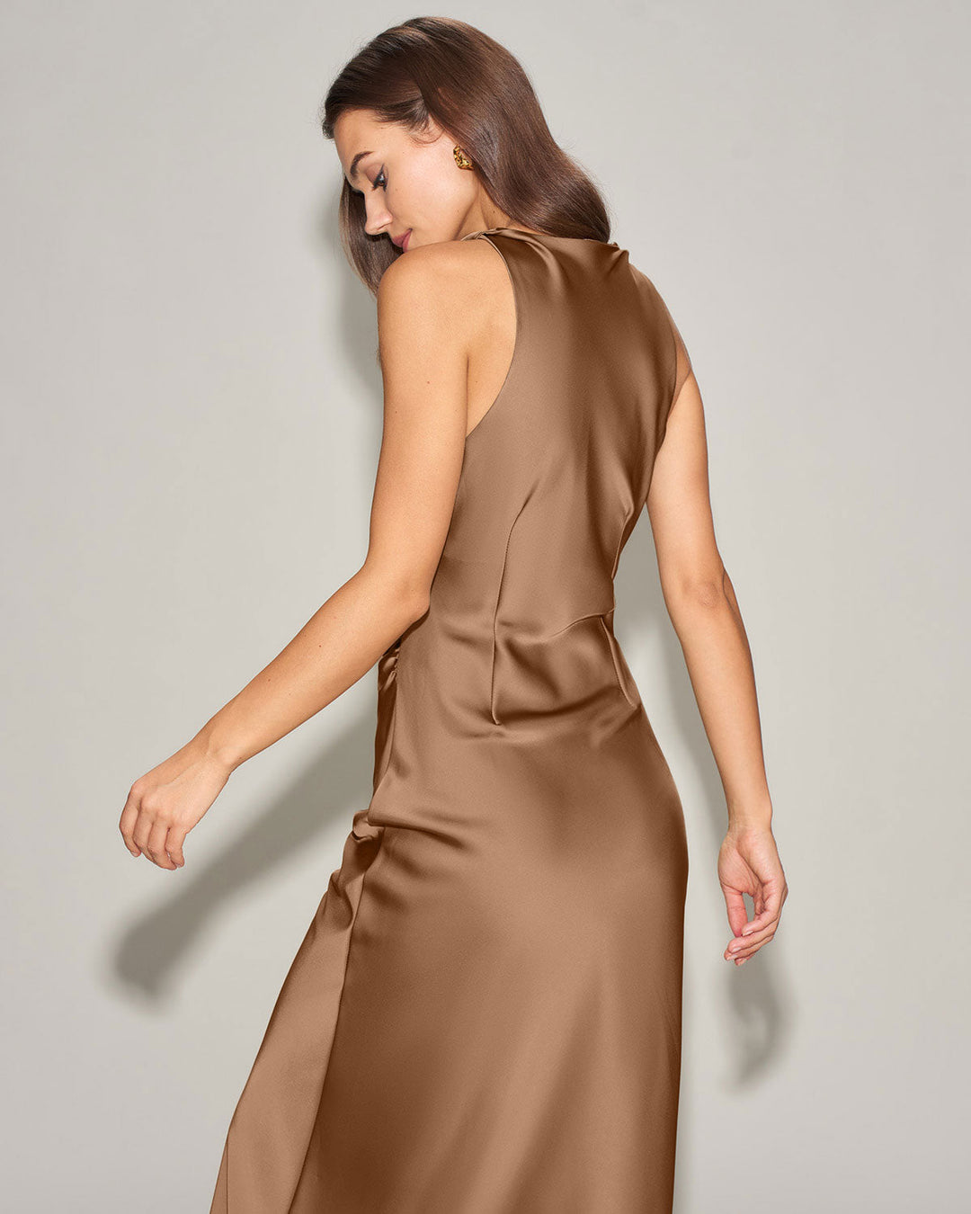 Geovari | Satin Boat-Neck Slip Midi Dress in Coffee