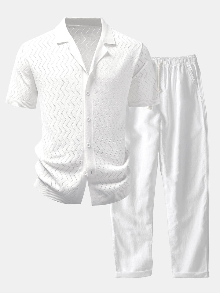 Geovari | Zig Zag Open-Knit Shirt & Straight-Leg Linen Trousers