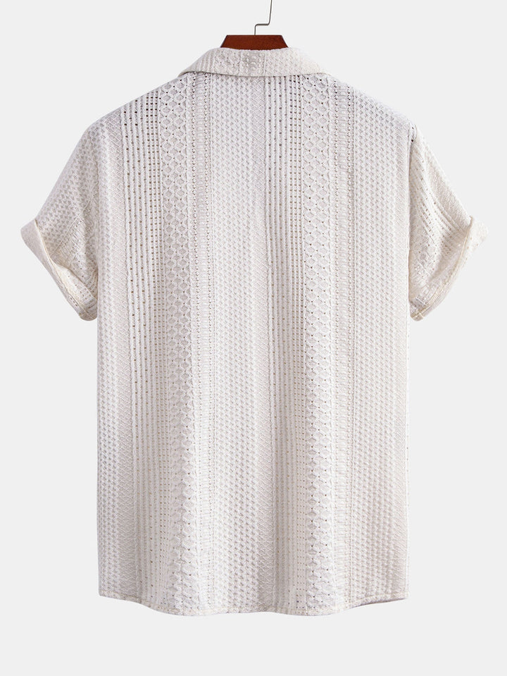 Geovari | Geometric Jacquard Cuban Collar Shirt and Linen Trousers