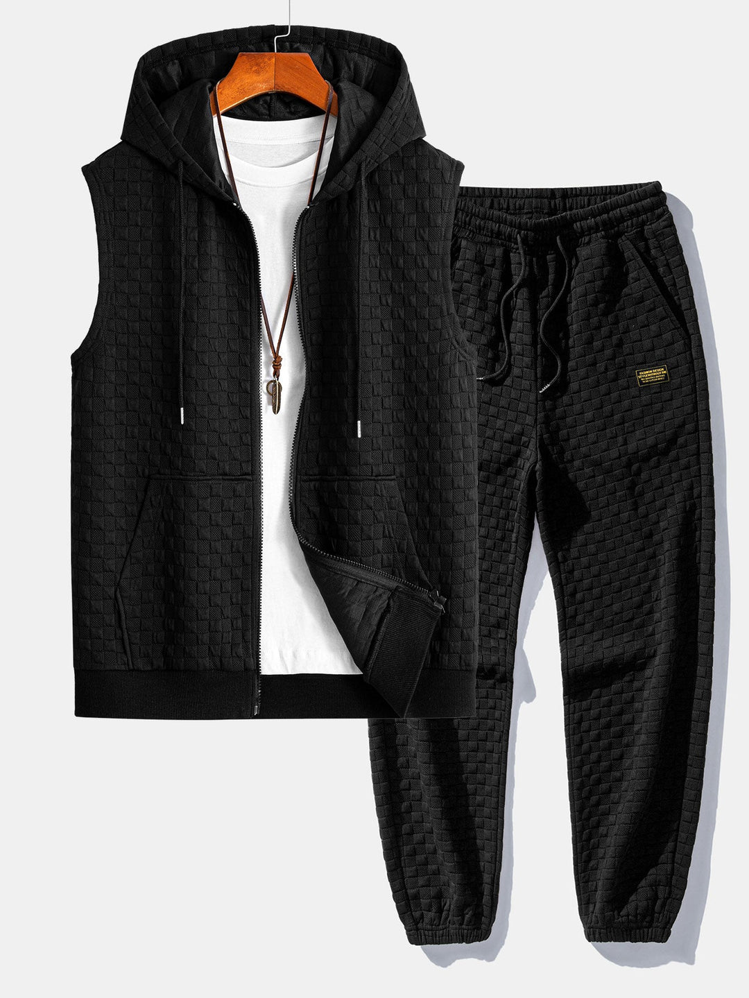 Geovari | Checkerboard Sleeveless Zip-Up Hoodie and Jacquard Jogger Trousers