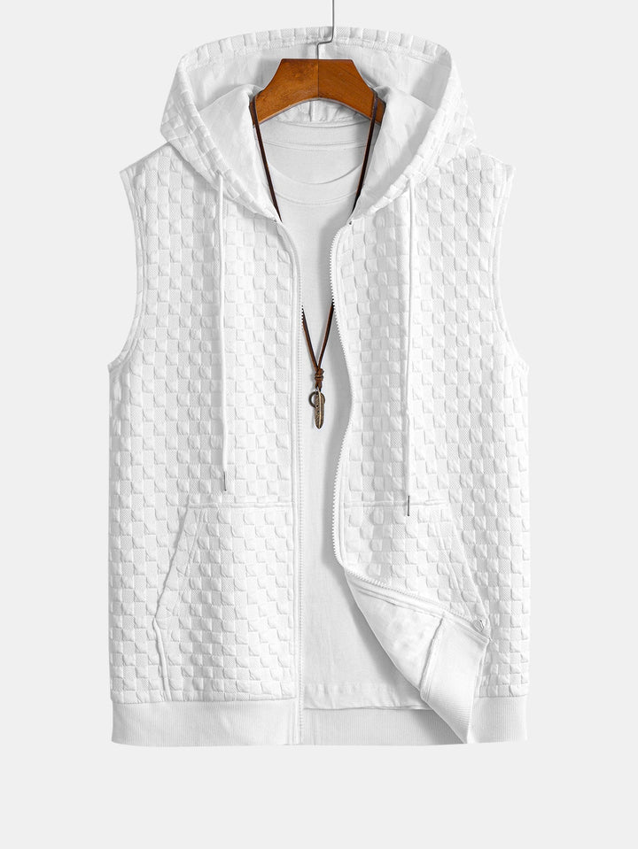 Geovari | Checkerboard Sleeveless Zip-Up Hoodie and Jacquard Jogger Trousers
