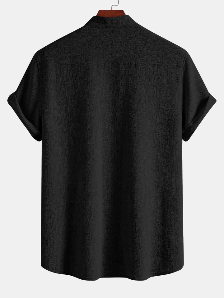 Geovari | Short-Sleeve Seersucker Stand-Collar Shirt & Crinkle-Textured Straight-Leg Trousers