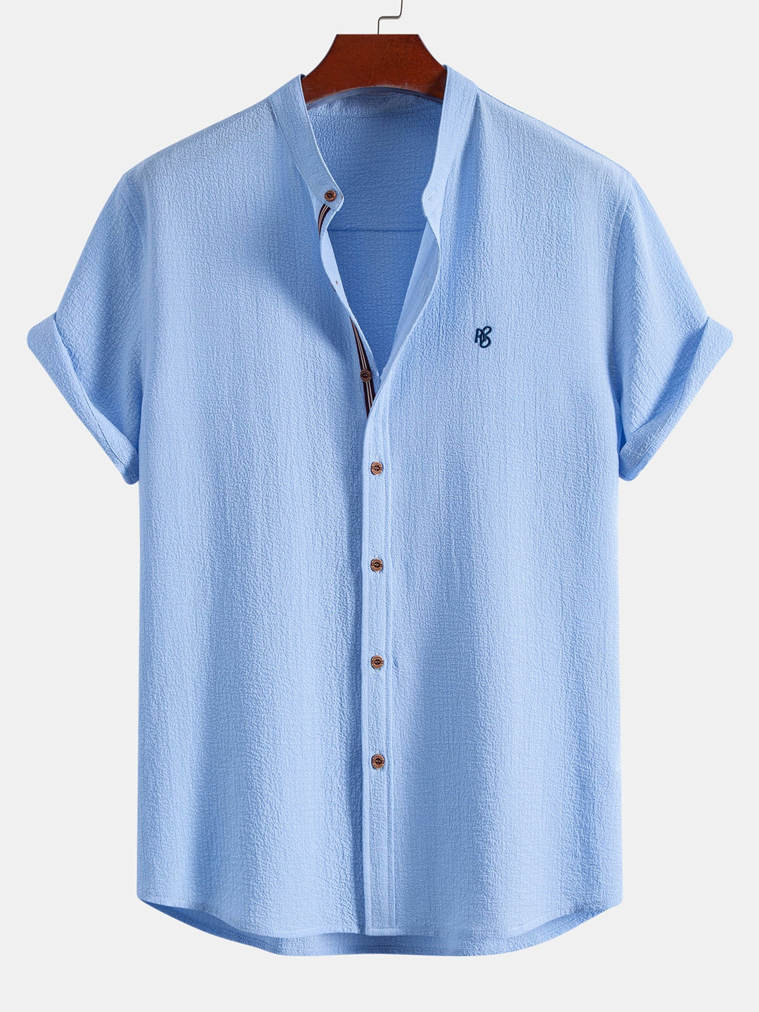 Geovari | Short-Sleeve Seersucker Stand-Collar Shirt & Crinkle-Textured Straight-Leg Trousers