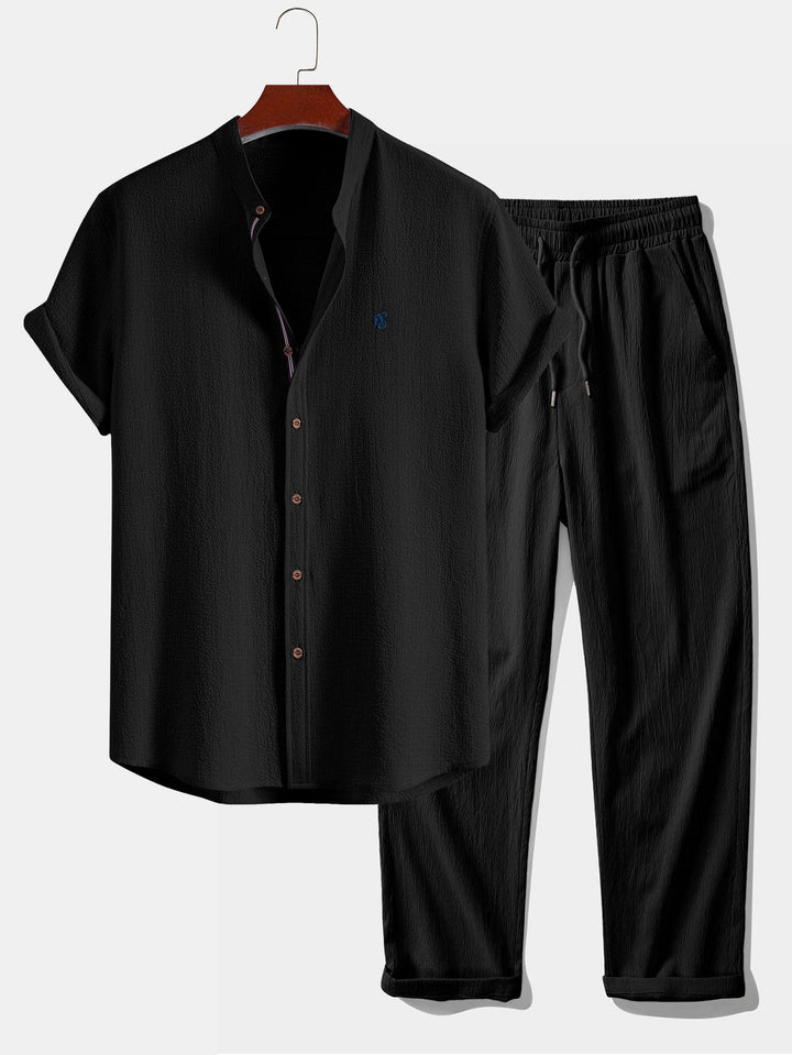 Geovari | Short-Sleeve Seersucker Stand-Collar Shirt & Crinkle-Textured Straight-Leg Trousers