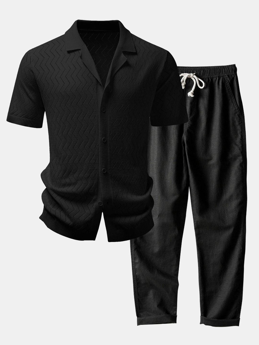 Geovari | Zig Zag Open-Knit Shirt & Straight-Leg Linen Trousers