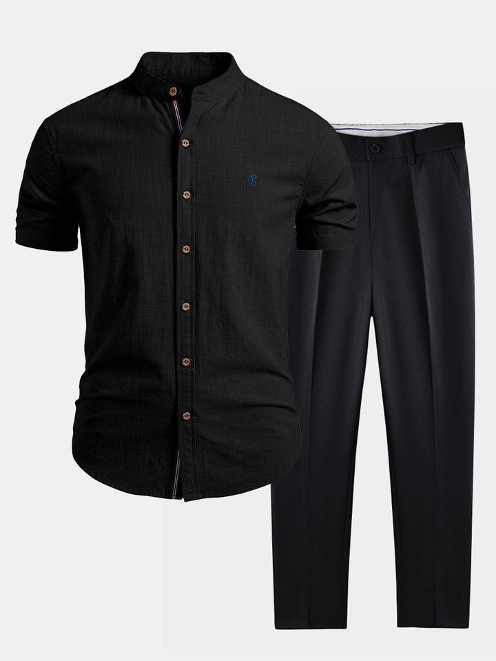 Geovari | Short Sleeve Linen-Look Shirt & Slim Tapered Trousers